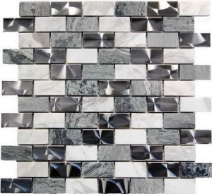 Stainless Steel and Gray Stone 1x2 Interlocking Blend Mosaic